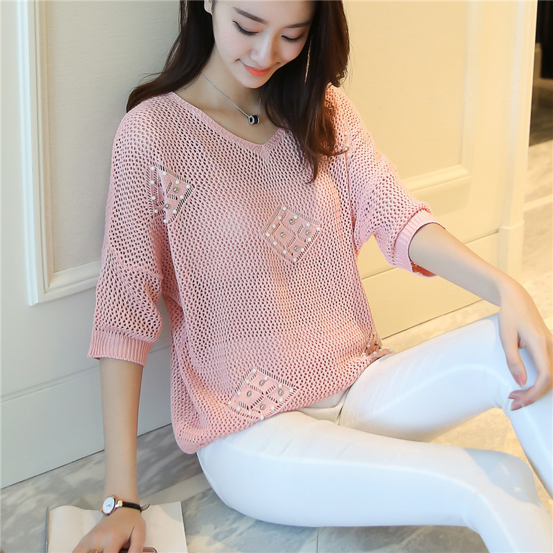 902新款针织毛衣短袖宽松镂空罩衫女夏短款套头蝙蝠衫夏季网衫薄款