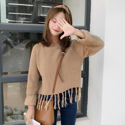 902新款秋装女装韩版流苏边薄款宽松长袖套头毛衣短款长袖针织衫学生上衣定制