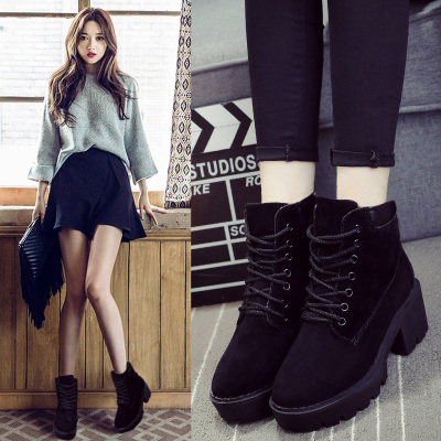 902新款2017秋冬季新款粗跟加绒马丁靴女复古高跟厚底短靴韩版英伦风棉鞋定制