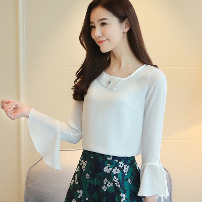 顺崇2018春装新款时尚气质喇叭袖系带上衣女小香风雪纺衫女