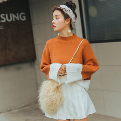 顺崇2018春春新款拼色开叉蝙蝠袖小高领套头针织衫毛衣厚实