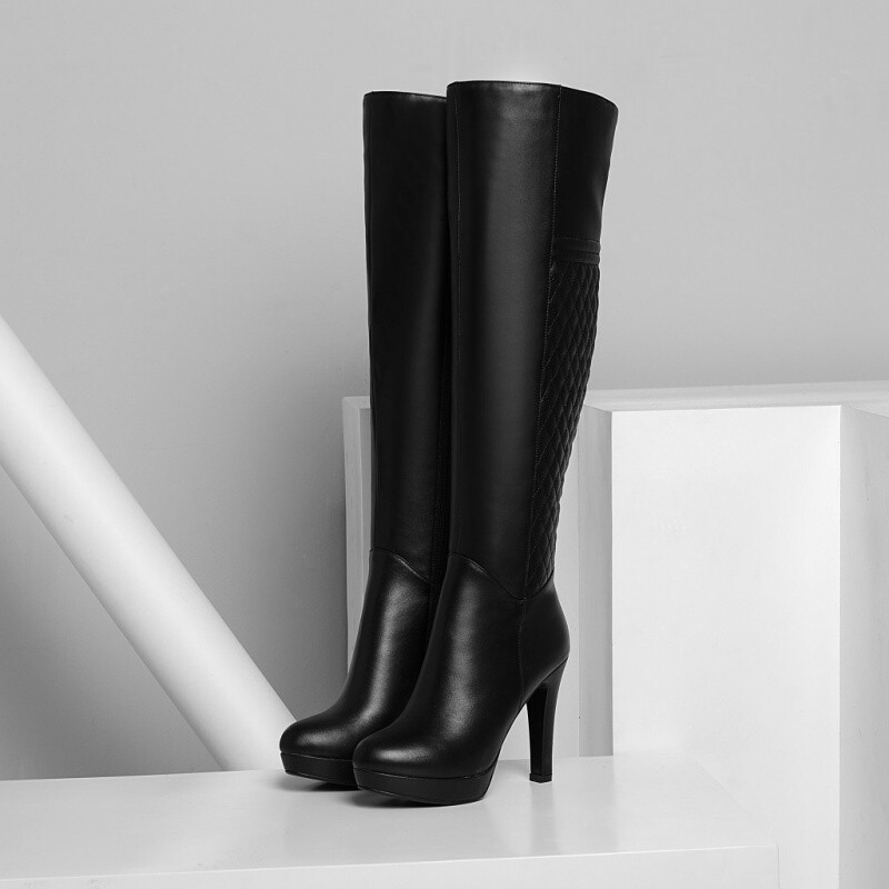 唯帝歌品牌女靴2017秋冬新款真皮过膝长靴高跟皮靴黑色骑士靴防水台女