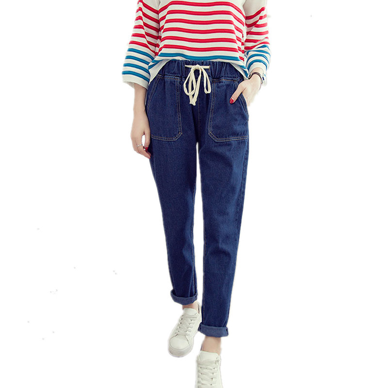 qma新款夏季韩版松紧腰牛仔裤女长裤学生高腰bf风宽松阔腿九分直筒