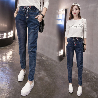 qma新款2017夏秋新款韩版松紧腰牛仔裤女学生大码宽松哈伦裤小脚长裤定制