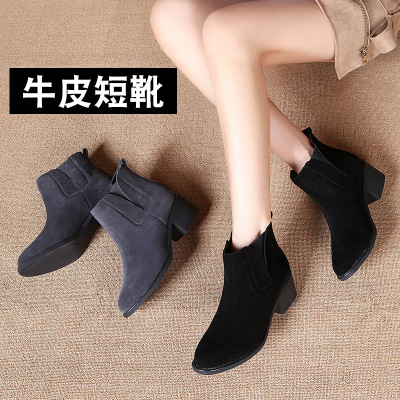 qma新款百翎2017新款秋冬女鞋粗跟牛皮短靴女单靴踝靴加绒磨砂短筒马丁靴定制