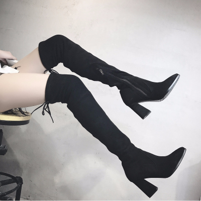 qma新款长靴女2017秋冬新款欧美新款过膝长靴粗跟长筒靴女绒面高筒单靴定制
