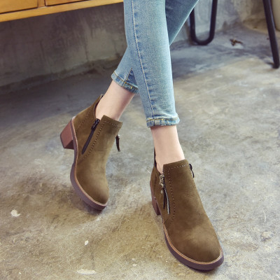 qma新款女鞋秋冬2017新款韩版磨砂女靴圆头粗跟侧拉链高跟马丁靴女短靴潮定制