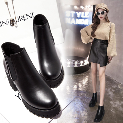 qma新款秋冬季新款短靴女粗跟加绒高跟靴子圆头切尔西靴厚底英伦风马丁靴定制