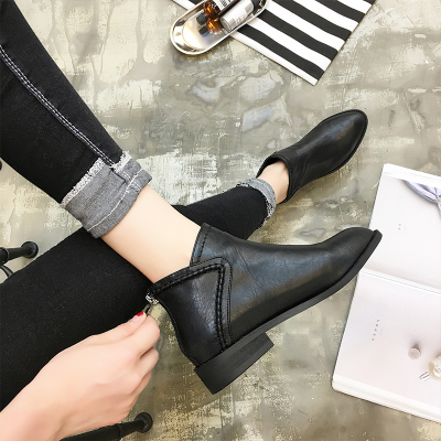 qma新款粗跟短靴女韩版2017秋冬新款百搭尖头复古马丁靴平底单靴切尔西靴定制