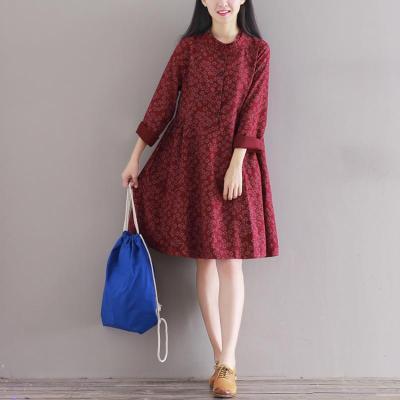 2017秋装新款森女文艺磨毛纯棉宽松中长款立领复古碎花长袖连衣裙