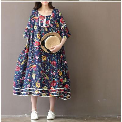 2016森女文艺复古民族风宽松大码女五分袖碎花色纯棉蝴蝶袖连衣裙