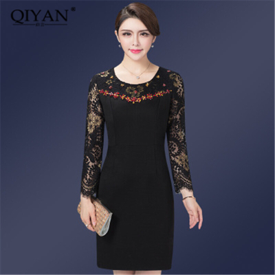 2017秋装新款中年优雅修身大码蕾丝拼接长袖A字裙连衣裙妈妈装女裙