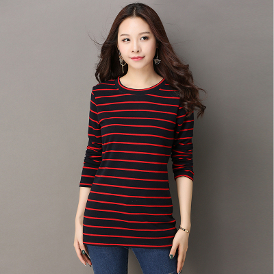 2017秋装新款女韩版时尚长袖上衣女宽松微胖妹妹条纹显瘦打底衫