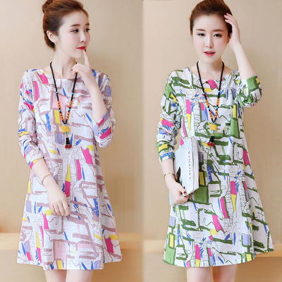 2017秋装新款加大码长袖森女裙子微胖减龄女装印花胖mm棉麻连衣裙