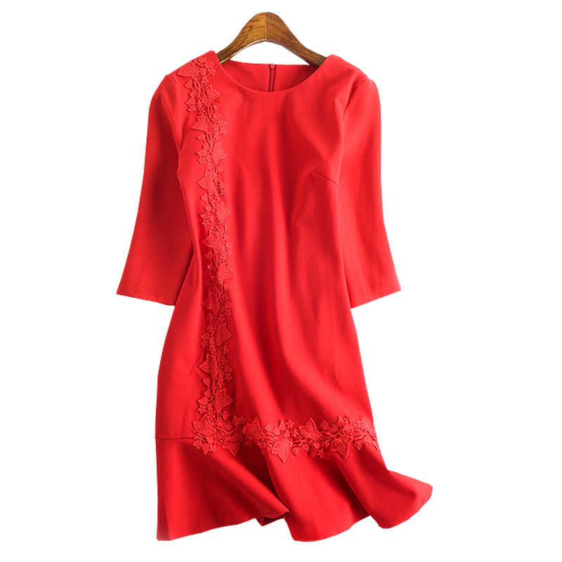 2017秋款女装鱼尾小红裙名媛小香风红色连衣裙七分袖礼服裙敬酒服