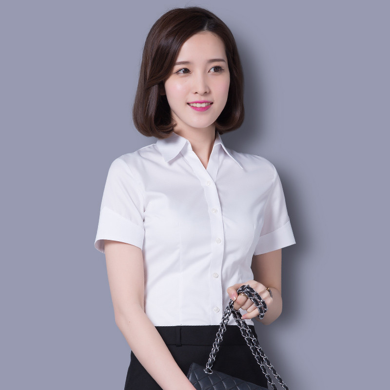 2017新款短袖衬衫女夏季修身职业装v领白衬衣工装上衣ol棉寸衫正装