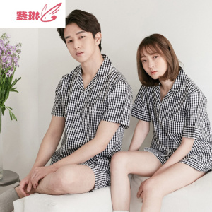 款韩国格子情侣装睡衣套装男女薄款长袖韩版服两件套 费琳