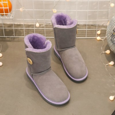 冬季新款5803木扣中筒真牛皮雪地靴女士牛筋底平跟保暖冬靴棉靴子