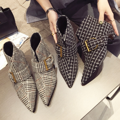 33韩国格子布面尖头及踝靴女秋冬粗高跟鞋棉靴子时尚皮带扣潮短靴