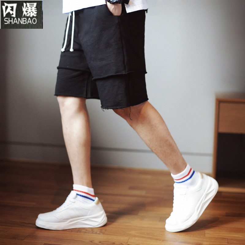 闪爆嘻哈夏天跑步裤子男士健身假两件打底裤运动裤男短裤跑男休闲卫裤