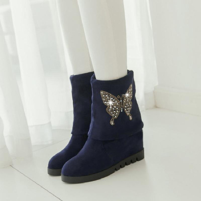 秋冬季平底内增高绒面短靴女马丁靴加绒保暖棉靴中筒靴女靴子