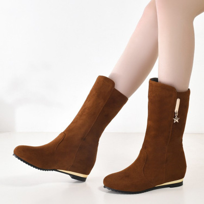 内增高中筒靴女秋冬季平底短靴中跟雪地靴圆头加绒保暖棉鞋大码41