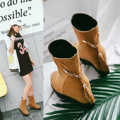 春秋冬季流苏靴子平底中筒靴内增高百搭显瘦女靴子40-43码冬靴33