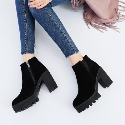 秋冬新款韩版超高跟粗跟防水台短靴黑色厚底马丁靴女靴潮