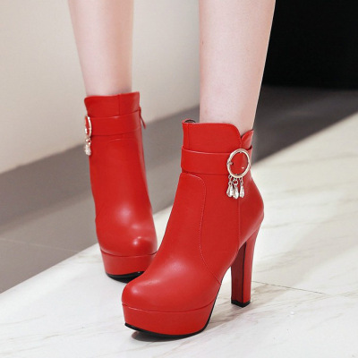 新款靴子红色婚鞋时尚防水台高跟短靴女春秋季性感粗跟及裸靴