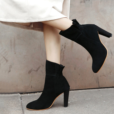 短靴女新款百搭粗跟超高跟马丁靴磨砂单靴韩版圆头弹力靴