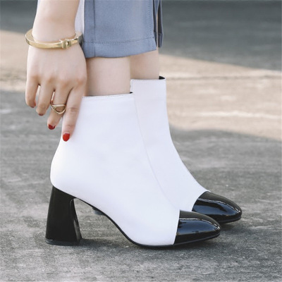 欧美时尚秋季新款漆皮小圆头粗跟高跟女靴子单里百搭女短靴