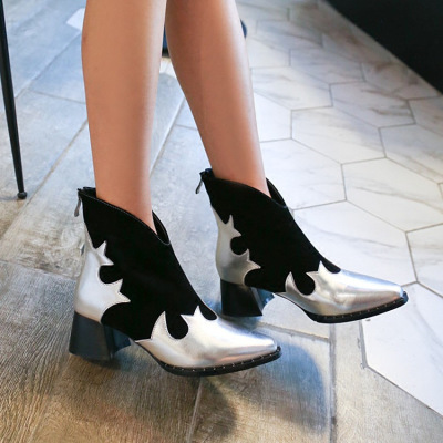 欧美时尚秋季新款黑白拼色小方头粗跟高跟女靴子单里气质短靴