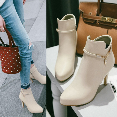 新款短靴女秋季尖头高跟靴水钻气质裸靴百搭切尔西靴单靴子女