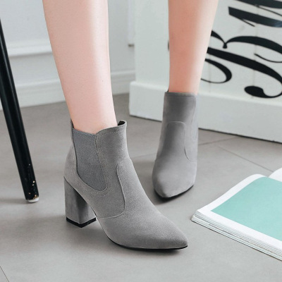 短靴女秋冬季新款尖头切尔西靴韩版8cm粗跟高跟鞋大码女靴马丁靴