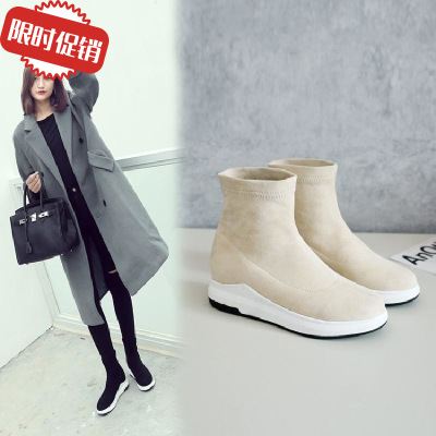 内增高秋季新款单靴子短筒厚底松糕乐福高帮鞋绒面平底短靴女大码