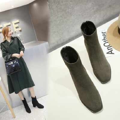 磨砂新款百搭短筒高跟及踝靴女春秋方头短靴欧洲站粗跟潮