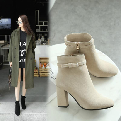 新款短靴女粗跟超高跟靴子秋冬短筒圆头裸靴磨砂切尔西靴