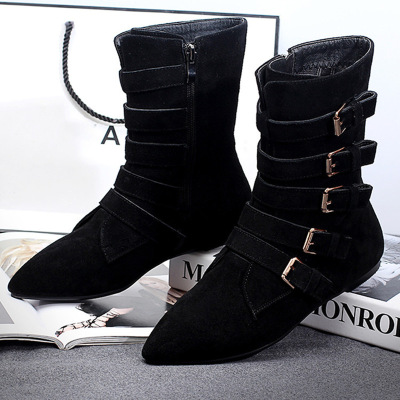 韩版秋冬新款真皮马丁靴尖头平跟潮短靴中筒靴时尚平底百搭女靴子