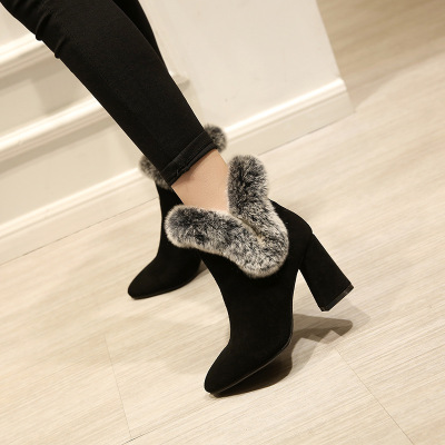 冬季新款女靴真皮保暖绒里兔毛翻皮粗跟尖头短靴高跟靴