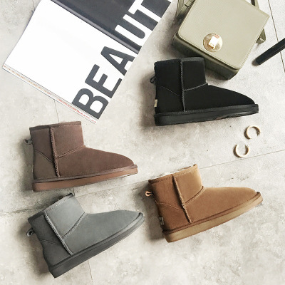 新款冬季雪地靴女短筒真皮韩版平底百搭防滑学生保暖加绒防水