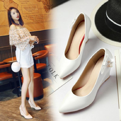 秋季女鞋大码坡跟女单鞋浅口平底淑女工作鞋女黑色职业尖头高跟鞋