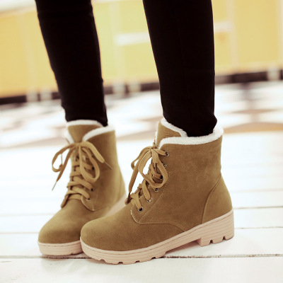 新款系带靴子女冬加绒加厚女鞋防滑短靴粗跟方跟马丁靴女学生棉鞋