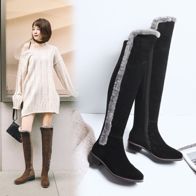 方头莱卡弹力雪地靴兔毛拼接全牛皮过膝靴高筒靴方跟低跟女靴子