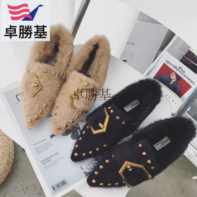 女鞋铆钉毛毛鞋女冬秋冬新款韩版百搭平底貂毛瓢鞋尖头一脚蹬女鞋