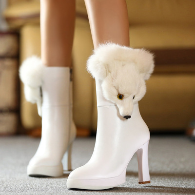 欧美新款真皮粗跟中筒靴狐狸毛超高跟短靴防水台侧拉链白色潮靴女