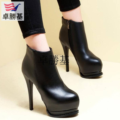 秋冬季新款超高跟鞋性感细跟马丁靴防水台加绒黑色圆头女短靴黑色