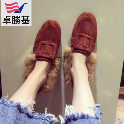 女鞋秋冬季新款韩版潮豆豆鞋平底鞋单鞋方扣兔毛鞋学生毛毛鞋女士鞋子