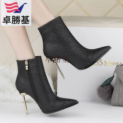女士鞋新款秋冬亮片尖头高跟鞋女短靴细跟短筒及踝靴黑色裸靴马丁靴加绒