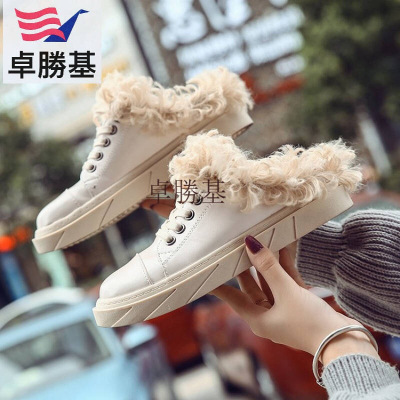 女鞋新款毛毛鞋秋冬韩版厚底懒人鞋学生休闲松糕包头半拖女乐福鞋