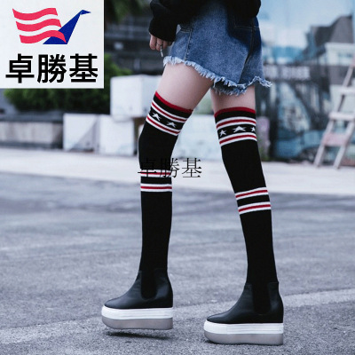 欧洲站秋冬新款显瘦过膝长靴女平底弹力靴坡跟长筒袜子靴
